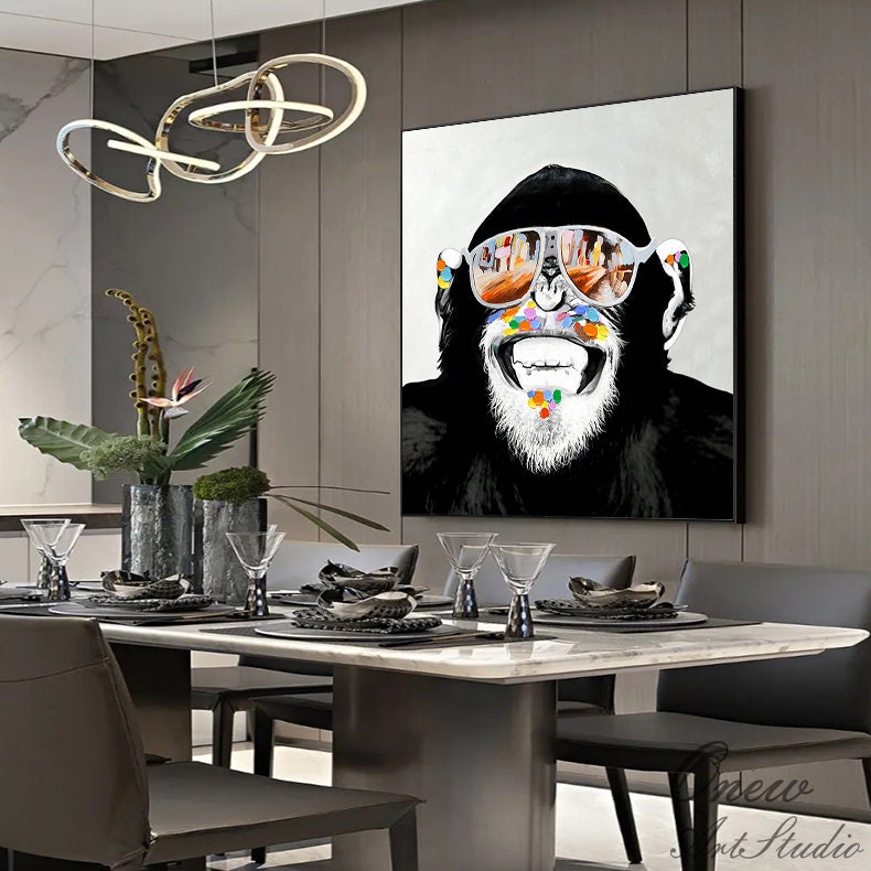 Abstract Monkey Oil Painting On Canvas, Large Original Monkey Canvas Wall Art, Modern Banksy Gorilla Wall Art for Living Room, Bedroom Decor
