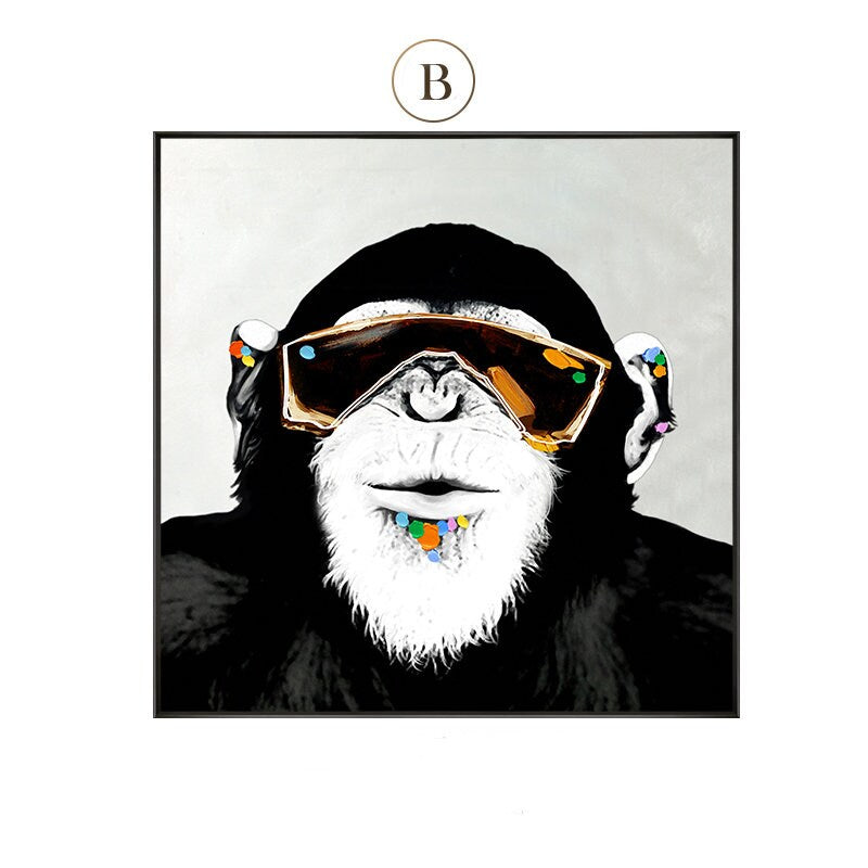 May include: A black and white painting of a monkey wearing gold-rimmed sunglasses with colorful dots around its eyes and mouth. The monkey has a white beard and is smiling.
