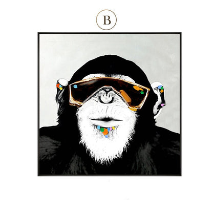 May include: A black and white painting of a monkey wearing gold-rimmed sunglasses with colorful dots around its eyes and mouth. The monkey has a white beard and is smiling.