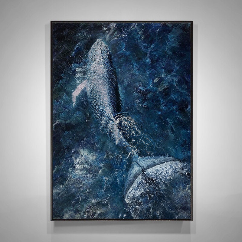 May include: A blue and white painting of a whale breaching out of the water. The whale is in the center of the painting and is surrounded by blue water with white splashes.