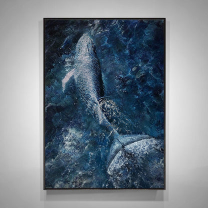May include: A blue and white painting of a whale breaching out of the water. The whale is in the center of the painting and is surrounded by blue water with white splashes.