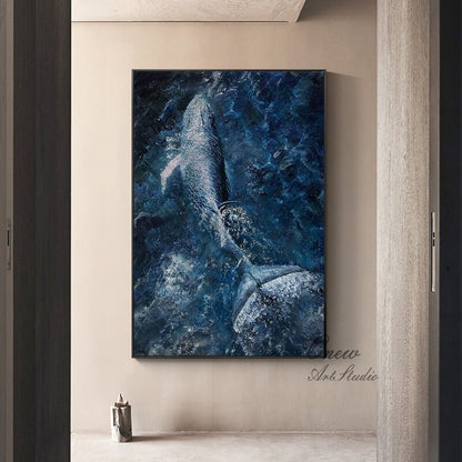 May include: A painting of a whale breaching in a blue and white ocean. The whale is white with a dark blue outline. The ocean is a deep blue with white waves.
