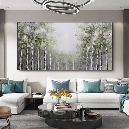 May include: A painting of a forest with tall, slender trees with white bark. The trees are painted in shades of green, white, and gray, and the background is a soft, hazy blue. The painting is framed in a black frame.