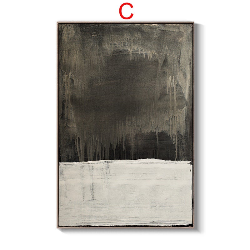 May include: Abstract painting with a dark gray background and a white horizontal stripe at the bottom. The painting has a textured, brushstroke effect.