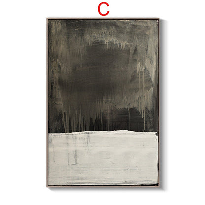 May include: Abstract painting with a dark gray background and a white horizontal stripe at the bottom. The painting has a textured, brushstroke effect.