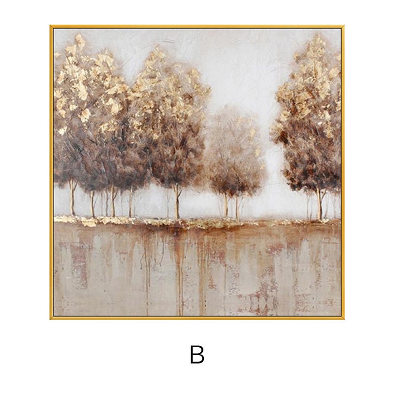 May include: A painting of a forest scene with trees in shades of brown and gold. The trees are silhouetted against a light gray background. The painting has a textured, abstract style.