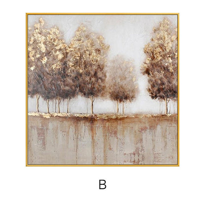 May include: A painting of a forest scene with trees in shades of brown and gold. The trees are silhouetted against a light gray background. The painting has a textured, abstract style.