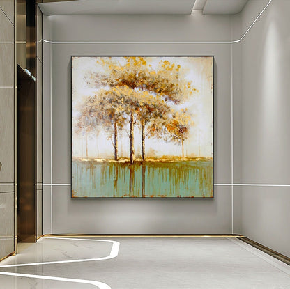 May include: A painting of a forest scene with four trees in the center of the canvas. The trees are painted in shades of yellow and brown, and the background is a light blue. The painting is framed in a black frame.