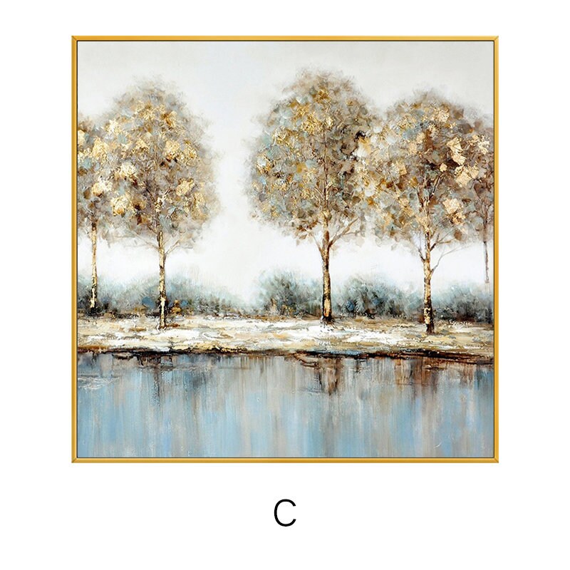 May include: A painting of three trees with gold and silver leaves reflected in a lake. The trees are silhouetted against a white background.