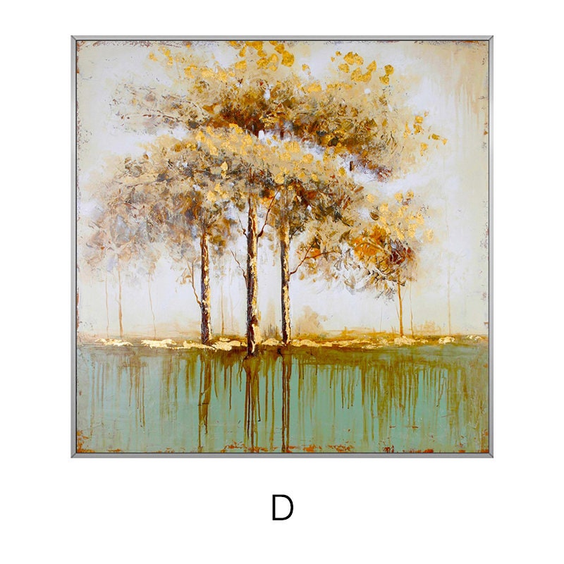 May include: A painting of a forest scene with three trees in the foreground. The trees have yellow and green leaves and are painted in a realistic style. The background is a light blue sky with white clouds. The painting is framed in a silver frame.