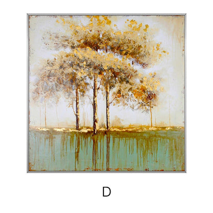 May include: A painting of a forest scene with three trees in the foreground. The trees have yellow and green leaves and are painted in a realistic style. The background is a light blue sky with white clouds. The painting is framed in a silver frame.