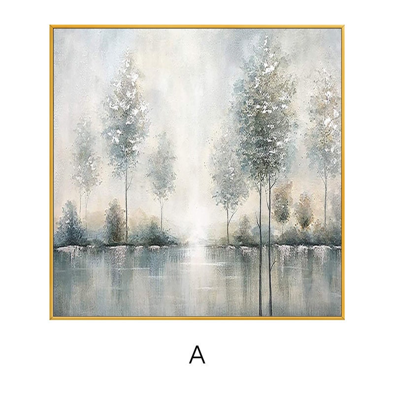 May include: Abstract painting of a misty forest scene with trees reflected in a still lake. The painting is done in shades of blue, gray, and white, with hints of gold.