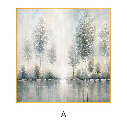 May include: Abstract painting of a misty forest scene with trees reflected in a still lake. The painting is done in shades of blue, gray, and white, with hints of gold.