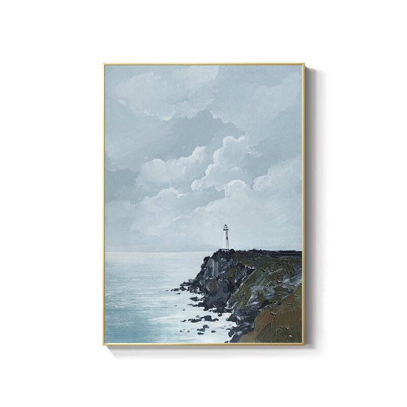 Large Abstract Seascape Oil Painting on Canvas, Original Seashore and Lighthouse Canvas Wall Art, Modern Coastline Wall Art for Living Room