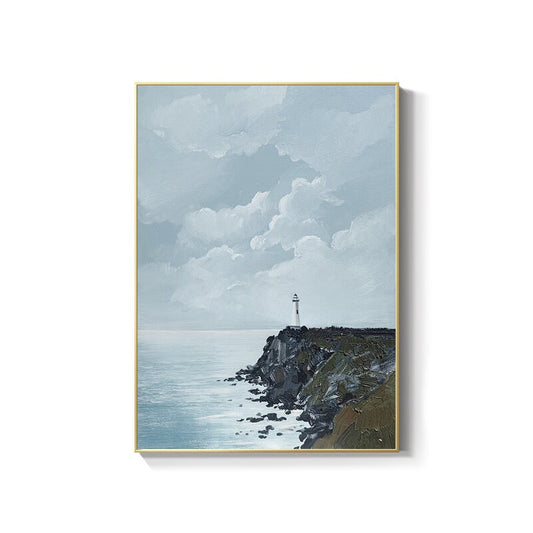 Large Abstract Seascape Oil Painting on Canvas, Original Seashore and Lighthouse Canvas Wall Art, Modern Coastline Wall Art for Living Room