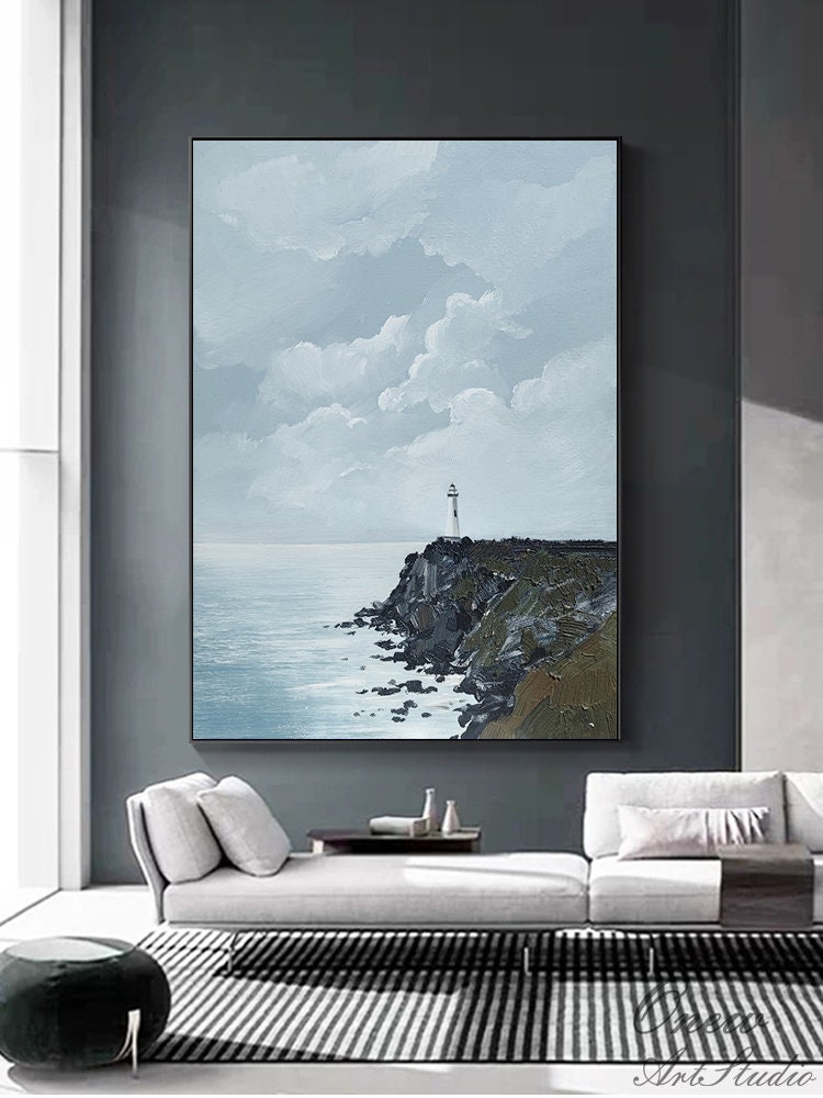 Large Abstract Seascape Oil Painting on Canvas, Original Seashore and Lighthouse Canvas Wall Art, Modern Coastline Wall Art for Living Room
