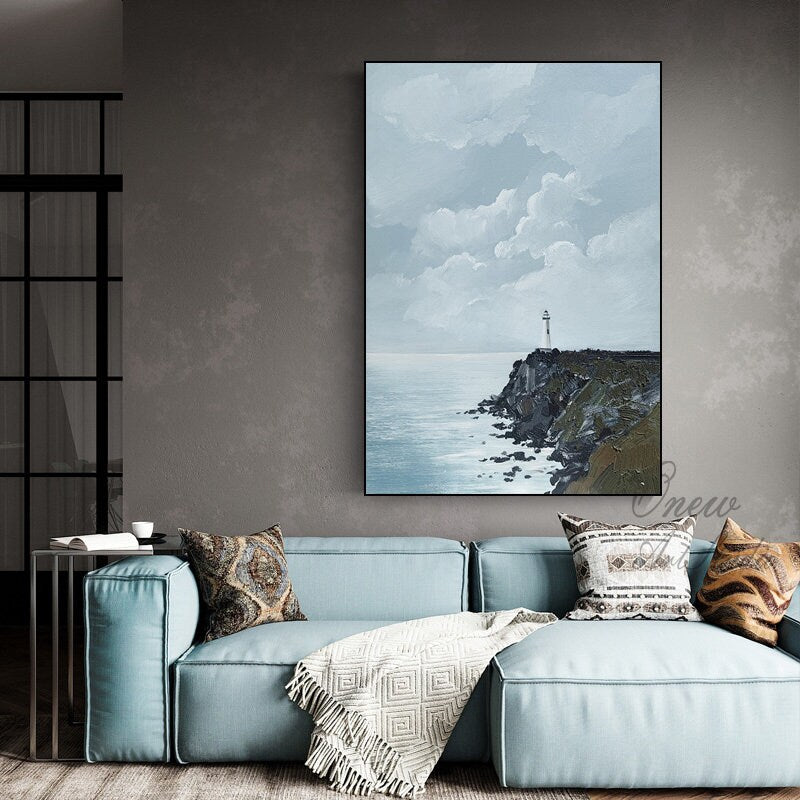 Large Abstract Seascape Oil Painting on Canvas, Original Seashore and Lighthouse Canvas Wall Art, Modern Coastline Wall Art for Living Room