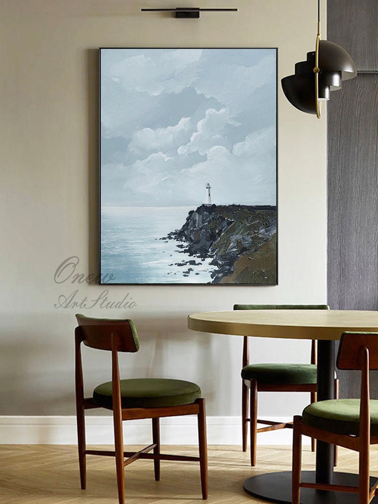 Large Abstract Seascape Oil Painting on Canvas, Original Seashore and Lighthouse Canvas Wall Art, Modern Coastline Wall Art for Living Room