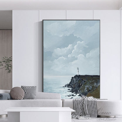 Large Abstract Seascape Oil Painting on Canvas, Original Seashore and Lighthouse Canvas Wall Art, Modern Coastline Wall Art for Living Room