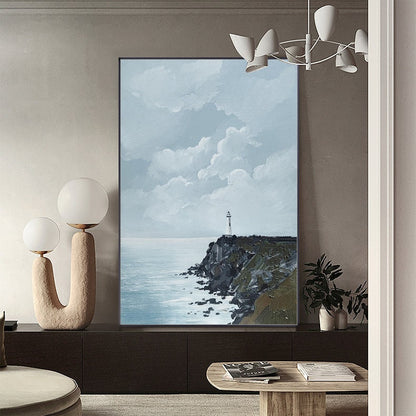 Large Abstract Seascape Oil Painting on Canvas, Original Seashore and Lighthouse Canvas Wall Art, Modern Coastline Wall Art for Living Room