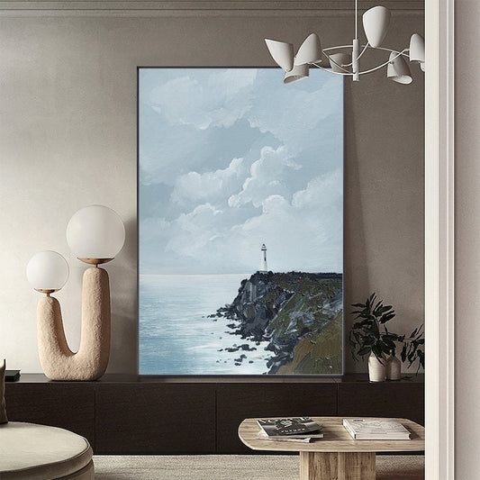 Large Abstract Seascape Oil Painting on Canvas, Original Seashore and Lighthouse Canvas Wall Art, Modern Coastline Wall Art for Living Room