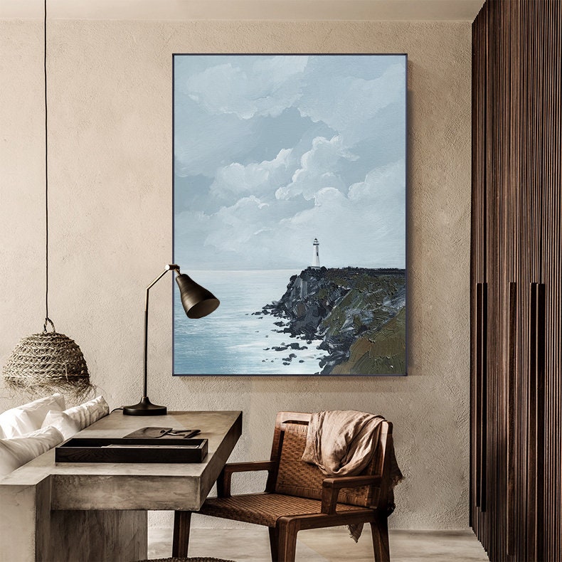 Large Abstract Seascape Oil Painting on Canvas, Original Seashore and Lighthouse Canvas Wall Art, Modern Coastline Wall Art for Living Room