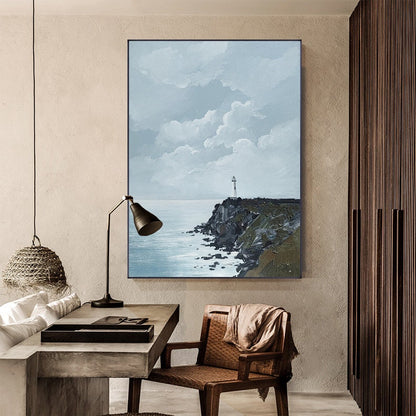 Large Abstract Seascape Oil Painting on Canvas, Original Seashore and Lighthouse Canvas Wall Art, Modern Coastline Wall Art for Living Room