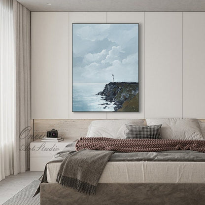 Large Abstract Seascape Oil Painting on Canvas, Original Seashore and Lighthouse Canvas Wall Art, Modern Coastline Wall Art for Living Room