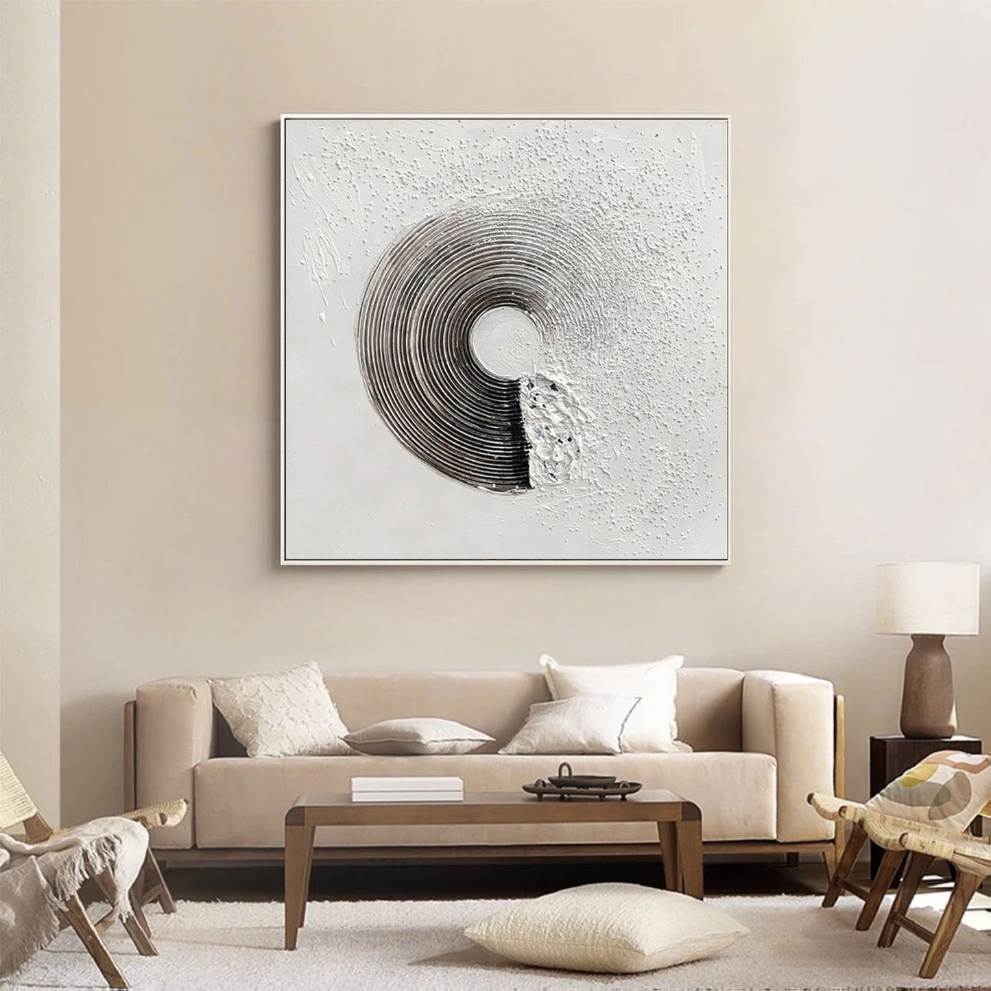 Black and White Textured Abstract Painting – Framed Minimalist Wall Art
