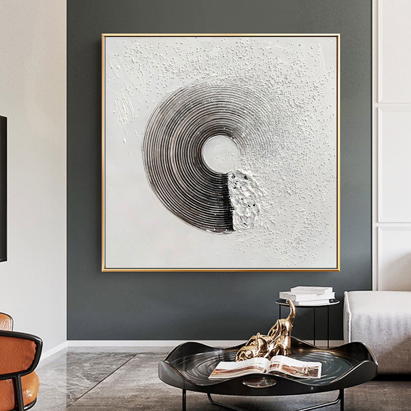 Black and White Textured Abstract Painting – Framed Minimalist Wall Art