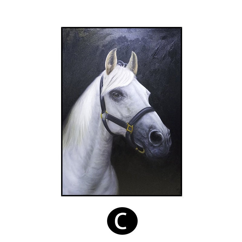 May include: A painting of a white horse with a black bridle against a dark background.