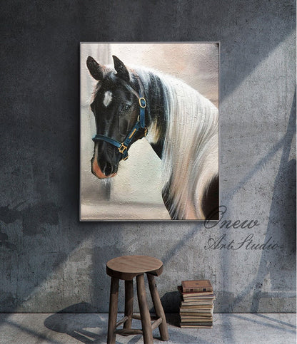 May include: A painting of a black and white horse with a blue halter. The horse is looking to the left and has a white star on its forehead. The background is a light beige color.