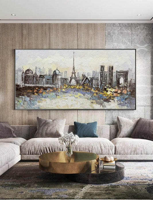 May include: A painting of a cityscape with the Eiffel Tower in the center. The painting is done in a painterly style with a lot of texture. The colors are muted and the overall effect is one of a dreamy, romantic city.