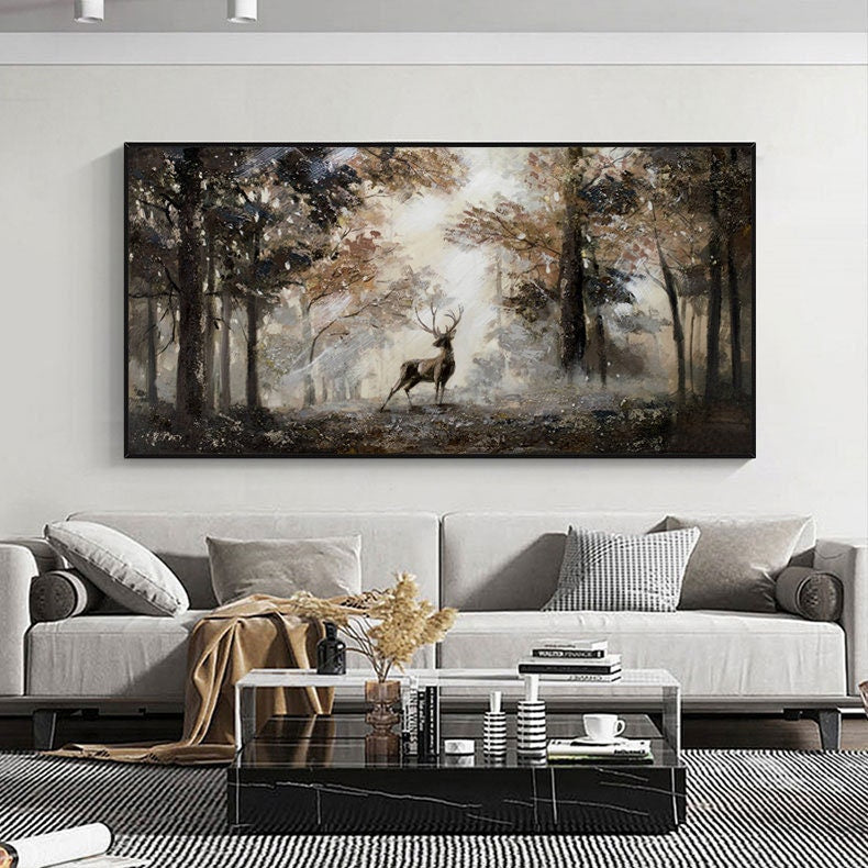 Impressionist Landscape Oil Painting on Canvas, Large Original Forest and Deer Canvas Wall Art, Modern Trees and Stag Painting for Bedroom