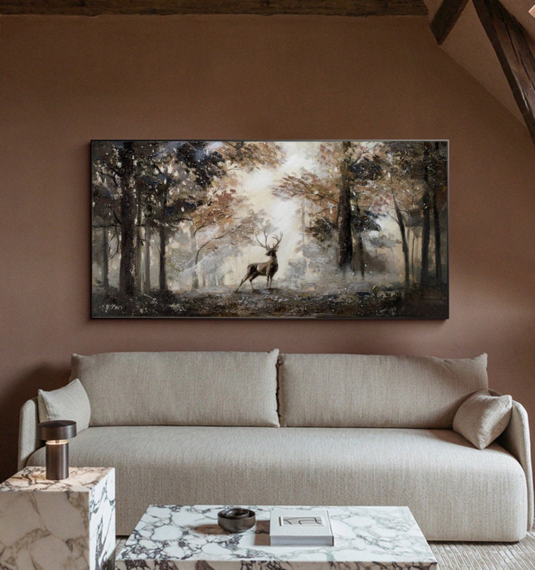 Impressionist Landscape Oil Painting on Canvas, Large Original Forest and Deer Canvas Wall Art, Modern Trees and Stag Painting for Bedroom