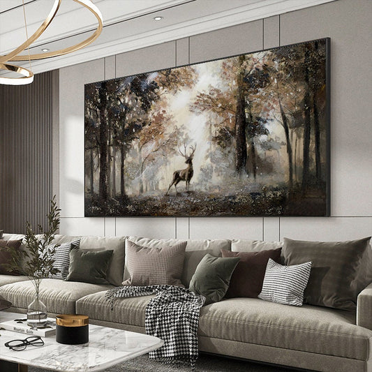 Impressionist Landscape Oil Painting on Canvas, Large Original Forest and Deer Canvas Wall Art, Modern Trees and Stag Painting for Bedroom