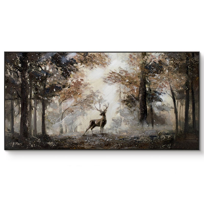 Impressionist Landscape Oil Painting on Canvas, Large Original Forest and Deer Canvas Wall Art, Modern Trees and Stag Painting for Bedroom