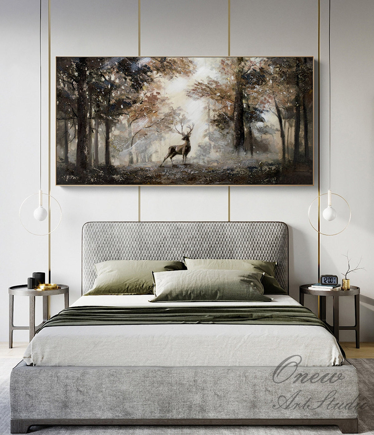 Impressionist Landscape Oil Painting on Canvas, Large Original Forest and Deer Canvas Wall Art, Modern Trees and Stag Painting for Bedroom