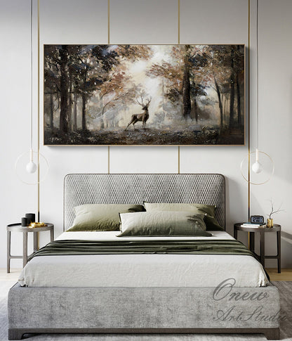 Impressionist Landscape Oil Painting on Canvas, Large Original Forest and Deer Canvas Wall Art, Modern Trees and Stag Painting for Bedroom