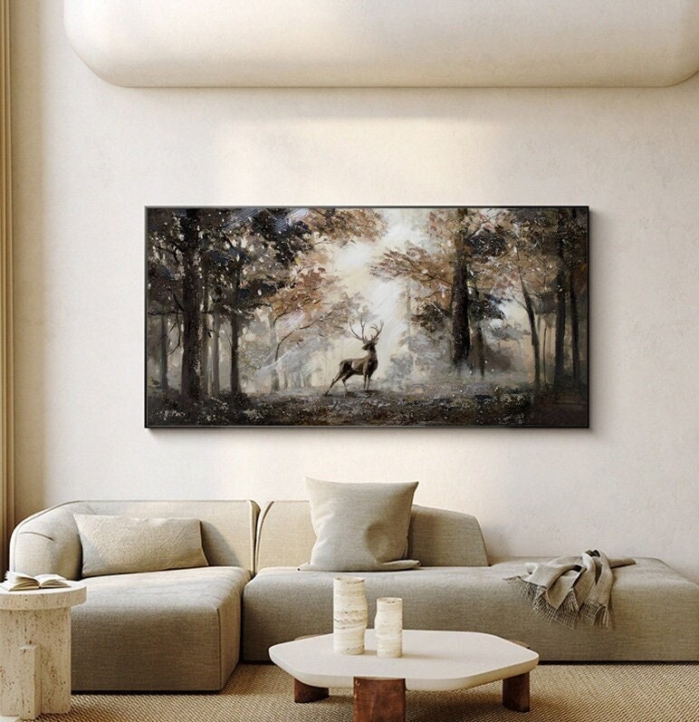 Impressionist Landscape Oil Painting on Canvas, Large Original Forest and Deer Canvas Wall Art, Modern Trees and Stag Painting for Bedroom