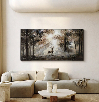 Impressionist Landscape Oil Painting on Canvas, Large Original Forest and Deer Canvas Wall Art, Modern Trees and Stag Painting for Bedroom