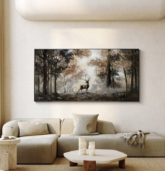 Impressionist Landscape Oil Painting on Canvas, Large Original Forest and Deer Canvas Wall Art, Modern Trees and Stag Painting for Bedroom