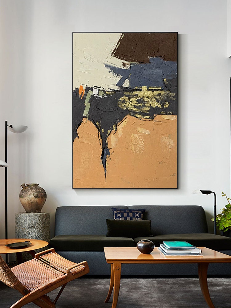 Yellow and Black Abstract Oil Painting on Canvas, Large Original Hand-painted Canvas Wall Art, Modern Minimalist Wall Art for Living Room