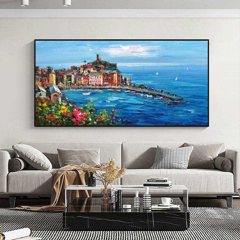Original Mediterranean-sea Oil Painting on Canvas, Impressionist Coastal Cityscape Canvas Wall Art, Modern Seascape Painting for Living Room