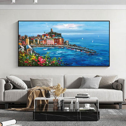Original Mediterranean-sea Oil Painting on Canvas, Impressionist Coastal Cityscape Canvas Wall Art, Modern Seascape Painting for Living Room