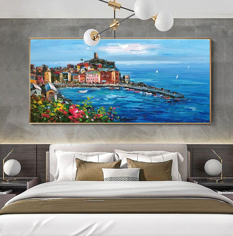 Original Mediterranean-sea Oil Painting on Canvas, Impressionist Coastal Cityscape Canvas Wall Art, Modern Seascape Painting for Living Room
