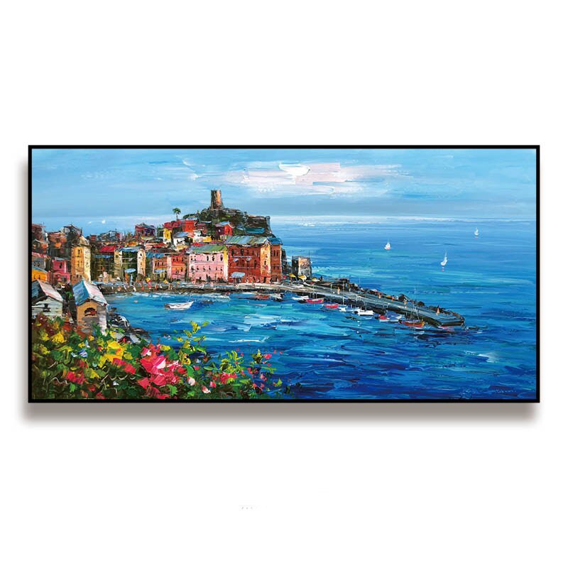Original Mediterranean-sea Oil Painting on Canvas, Impressionist Coastal Cityscape Canvas Wall Art, Modern Seascape Painting for Living Room