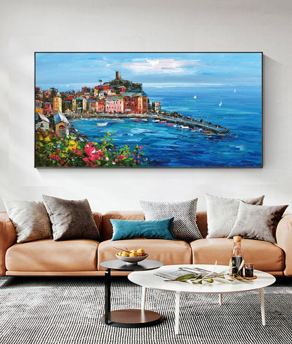 Original Mediterranean-sea Oil Painting on Canvas, Impressionist Coastal Cityscape Canvas Wall Art, Modern Seascape Painting for Living Room