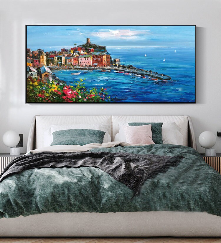 Original Mediterranean-sea Oil Painting on Canvas, Impressionist Coastal Cityscape Canvas Wall Art, Modern Seascape Painting for Living Room