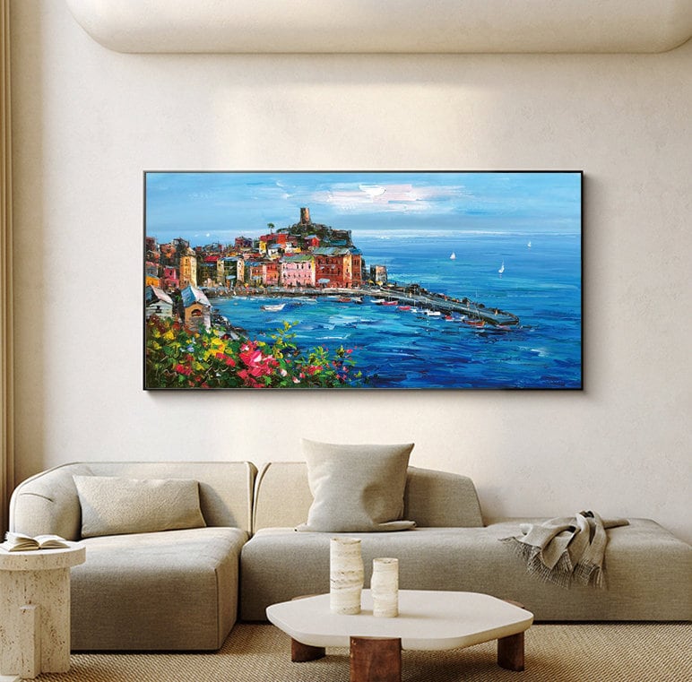 Original Mediterranean-sea Oil Painting on Canvas, Impressionist Coastal Cityscape Canvas Wall Art, Modern Seascape Painting for Living Room